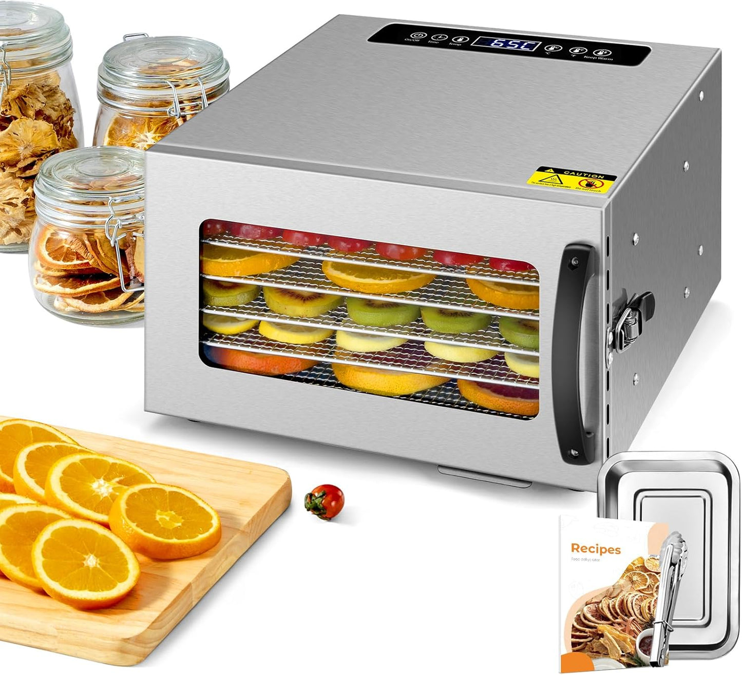 Kwasyo Voedseldroger, BPA-vrij, 30~90 ℃ temperatuurinstelling, max. 24 uur, fruitdroger met gratis receptenboek, droogautomaat voor fruit, groenten, vlees en chili-400W
