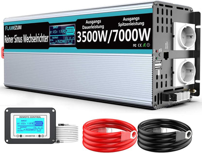 FLAMEZUM 3500 W zuivere sinus omvormer 12 V naar 230 V spanningsomvormer power omvormer converter met afstandsbediening led-display & 2 EU AC-stopcontacten & 2 USB-poorten voor auto, caravan, boot, camping