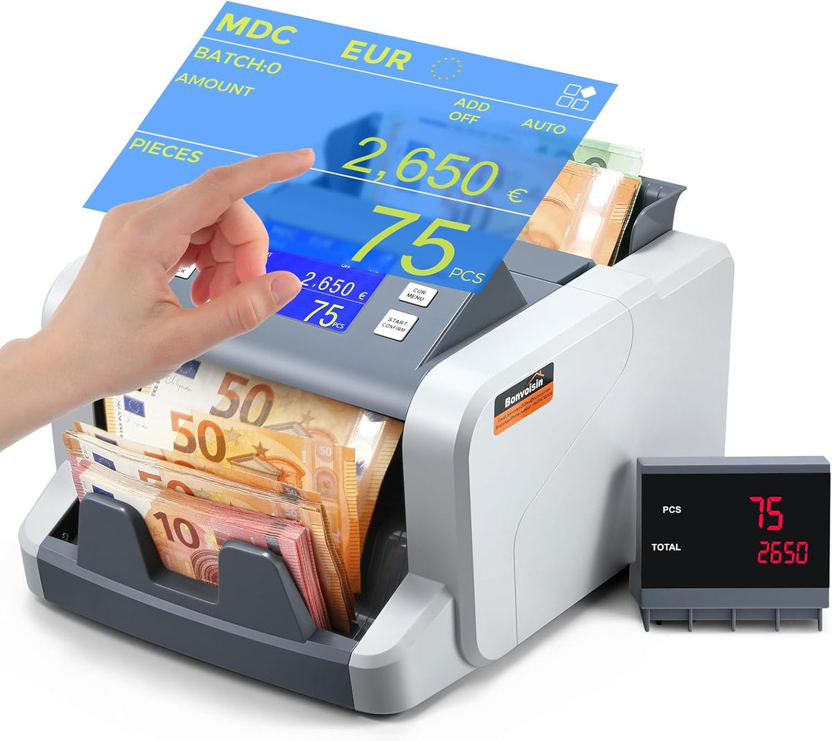 Bonvoisin Professionele bankbiljettenteller, waardetelling voor gemengde sneden, geldtelmachine met valse herkenning 1CIS/UV/IR/MG, bankbiljettenteller touchscreen, 1500 bankbiljetten/min