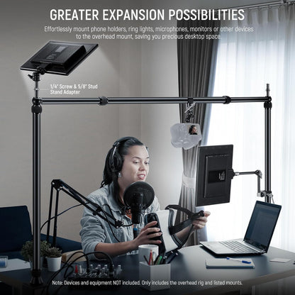 NEEWER NK002 Overhead Camera Mount Rig Platform met Telefoonhouder/2 Balhoofden/Armen/Super Klem/Reinigingsdoek voor Mic Webcam, Bureau Stand met Verstelbare Hoogte Breedte, Max Belasting 26lb/12kg