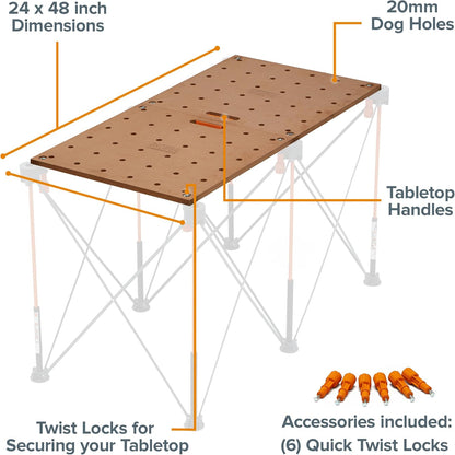 Bora Centipede Werkbank Tafelblad voor Bora Duizendpoot Werkstandaard Zaagpaarden - 24" x 48" - Inclusief Houten Top met 20mm Hondengaten + 6 Quick-Twist Lock Handgrepen voor Draagbare, Tijdelijke