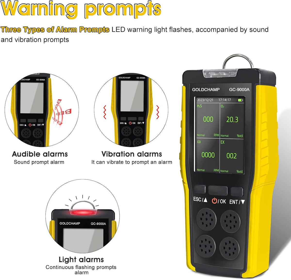 4-in-1 gasdetector voor brandbaar/O2/H2S/CO, geluid/licht/trilalarm en lcd-display, gaslek-detectoren voor huis + hand-anemometer, 5 eenheden & ℃/°F schakelaar, windsnelheidsmeter voor HVAC