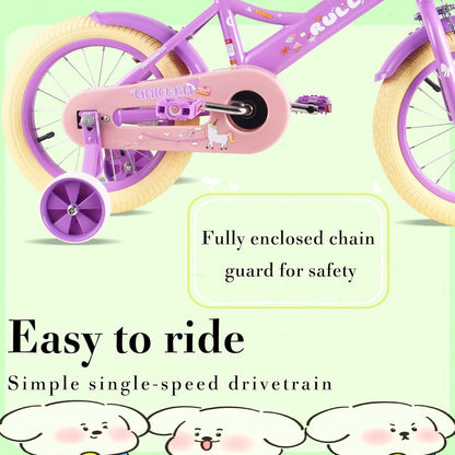 RULLY 16 inch kinderfiets voor meisjes van 4, 5, 6, 7 jaar, met steunwielen en handrem voor, kinderfiets met mand, fiets, streamer, peuterfiets, paars