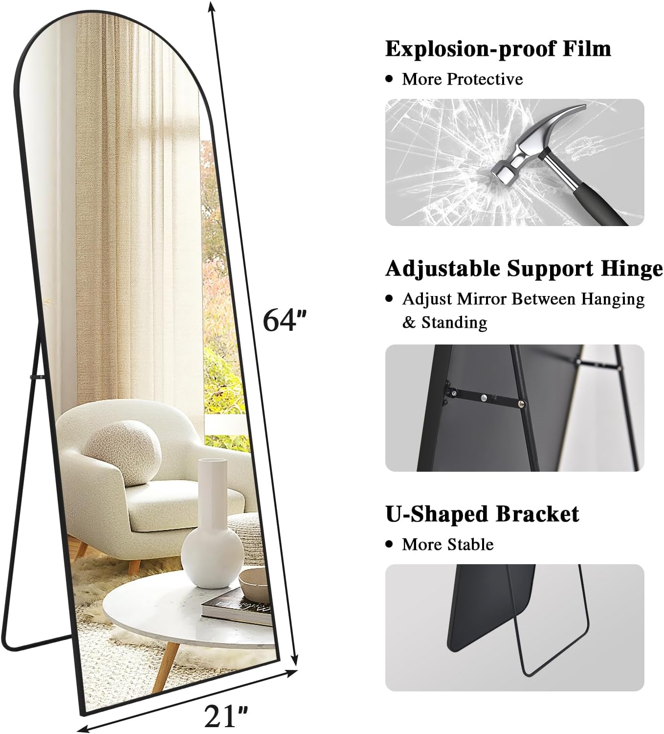 Staande spiegel over heel de lengte, vrijstaande vloerspiegel voor de slaapkamer, woonkamer en entree, ideaal voor elke ruimte, zwart boogframe, 161 x 52 cm