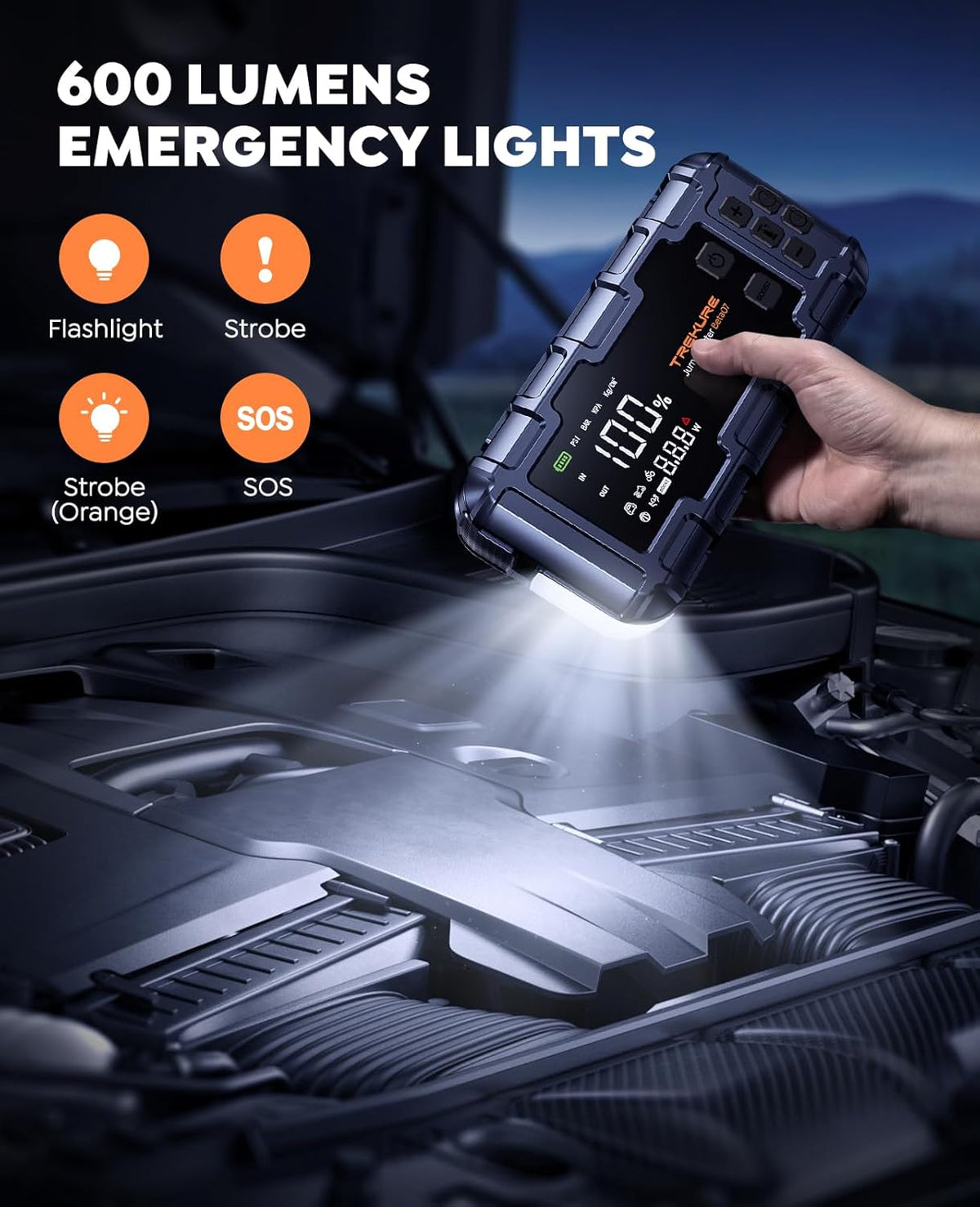 TREKURE 10-in-1 booster autostarthulp 7000 A en PD 45 W snel opladen, noodstarthulp voor auto met compressor 160 psi, handschoenen en lichten, accustarthulp voor alle gassen of 12 l diesel
