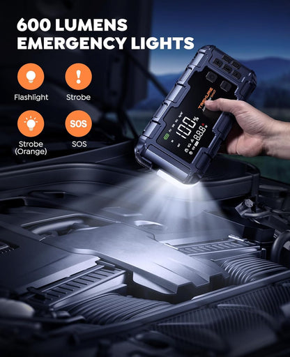 TREKURE 10-in-1 booster autostarthulp 7000 A en PD 45 W snel opladen, noodstarthulp voor auto met compressor 160 psi, handschoenen en lichten, accustarthulp voor alle gassen of 12 l diesel