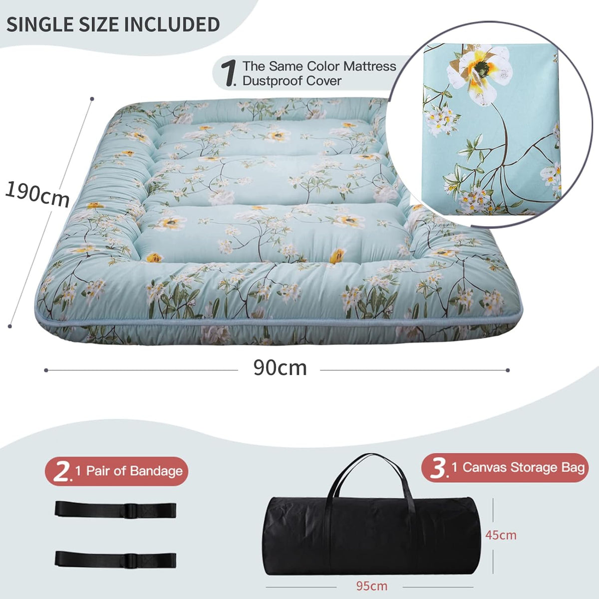 MAXYOYO Japanse vloermatras Futon-matras, Dikker Tatami-mat Slaapmat Opvouwbaar Opklapbaar Matras Slaapzaal Matras Pad Vloerligbed Kussen Bed (Groen Bloemen, Eenpersoons)