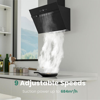 FIREGAS schuine afzuigkap 60 cm,energieklasse A+++, 684 m³/h, 9 standen,touch-en gebarenbediening, recirculatie/luchtafvoer, met LED-verlichting, inclusief actief koolstoffilter en afvoerslang,zwart