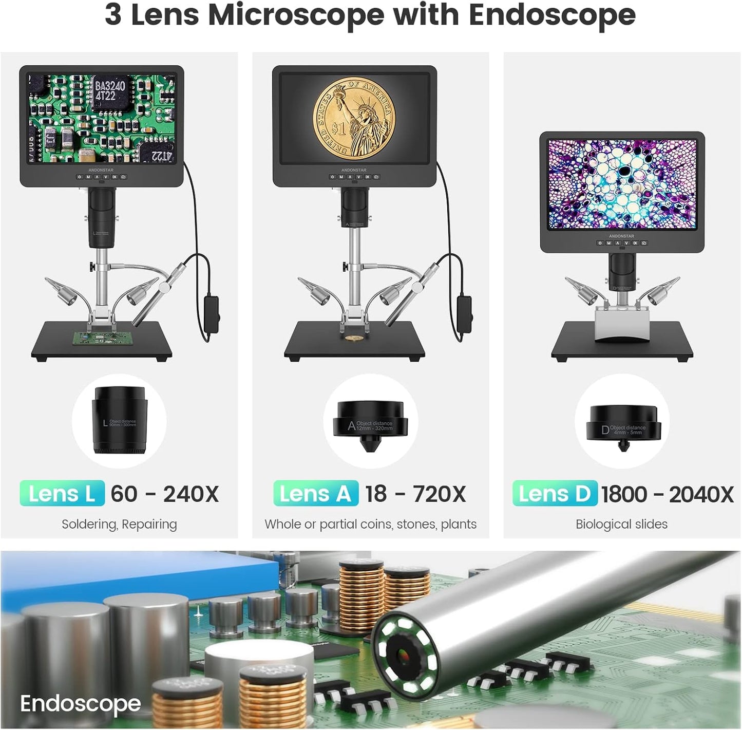 Andonstar AD249S-M 3 Lens HDMI Digitale Microscoop met Endoscoop, 2160P UHD Video Record, 10.1 Inch LCD, Solderen & Coin Biologische Microscoop, Windows Compatibel