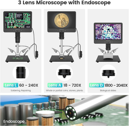 Andonstar AD249S-M 3 Lens HDMI Digitale Microscoop met Endoscoop, 2160P UHD Video Record, 10.1 Inch LCD, Solderen & Coin Biologische Microscoop, Windows Compatibel