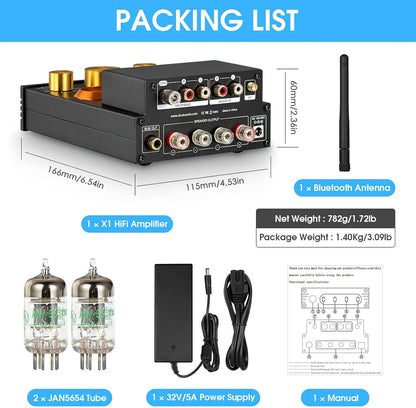 Douk Audio X1 buisversterker, HiFi Bluetooth 5.0 versterker, GE5654 klep stereo audioversterker, MM phonoversterker, 160Wx2 TDA7498E chip, treble & bas bedieningsknopf