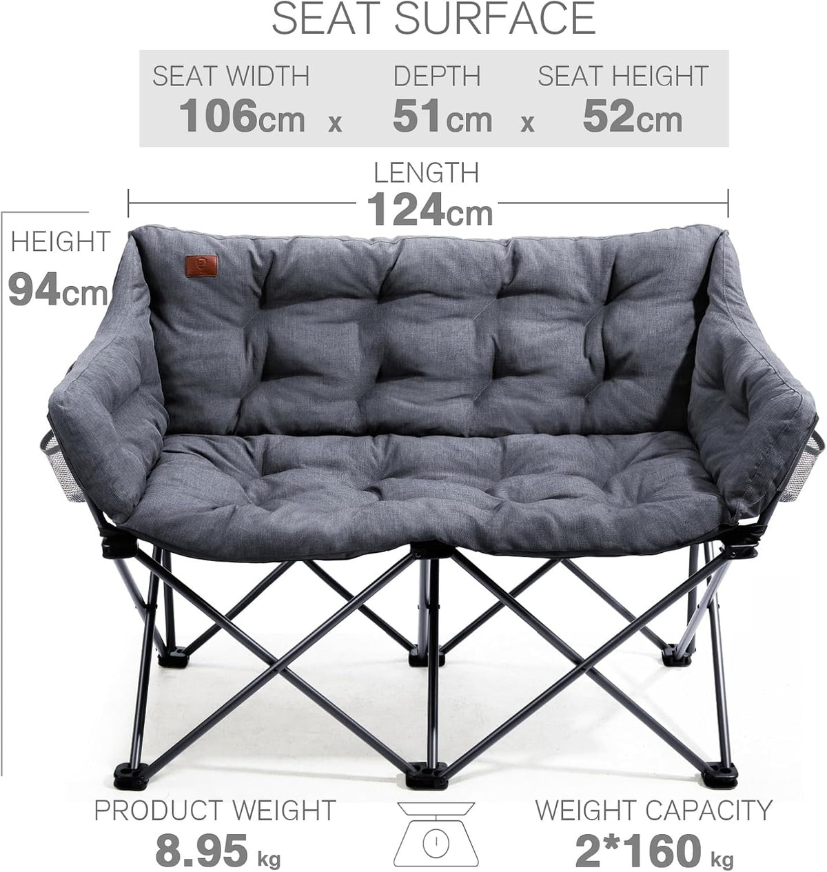 EVER ADVANCED Campingstoel, inklapbaar voor 2 personen, vouwbank, 320 kg belastbaar, luxe klapstoel, XXL, 2-zits, campingsofa, dik gevoerd, hoge rugleuning, extra lang, voor outdoor, tuin, balkon,