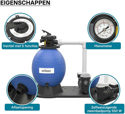 Wiltec zandfiltersysteem 550 W met 38 liter filtertank en zelfaanzuiging 18.000 l/h poolpomp