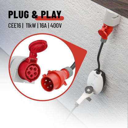ABSINA Mobiele Wallbox 11kW 16A met App-bediening - Wallbox met CEE-stekker, RFID & instelbare laadsnelheid - Elektroauto Wallbox 3-fasen voor i3, e-Up, ID.3, ID.4, Zoe, fortwo UVM - Wallbox CEE