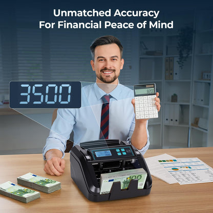 MUNBYN IMC51 geldtelmachine, add+batch/value-modus bankbiljettenteller, UV/MG/IR/MT-detectie, alleen EUR-geldteller, 1100 vellen/min, LCD-display, 2 jaar garantie, Zwart, kan gemengde noten niet