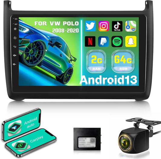 2G+64G Android 13 Car Radio for VW Volkswagen Polo 2008-2020 with Wireless Carplay & Android Auto, 9 Inch Touchscreen Car Stereo with WIFI/GPS/FM RDS/Bluetooth+AHD Rear View Camera