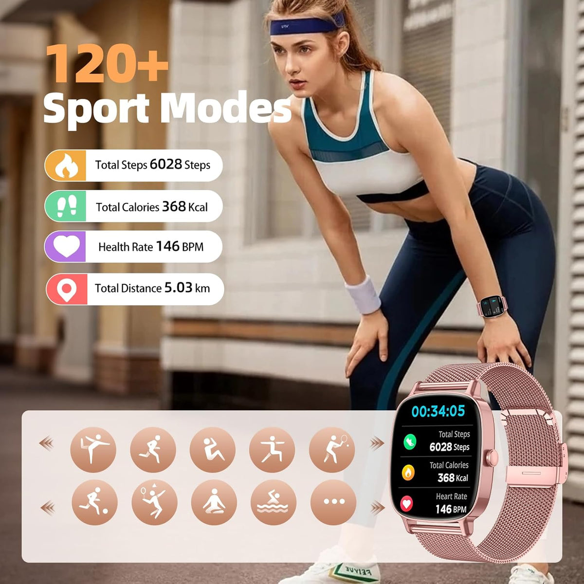 coioc Smartwatch voor dames, HD fitnesstracker, meer dan 120 sportmodi, fitnesshorloge voor iOS en Android, goud