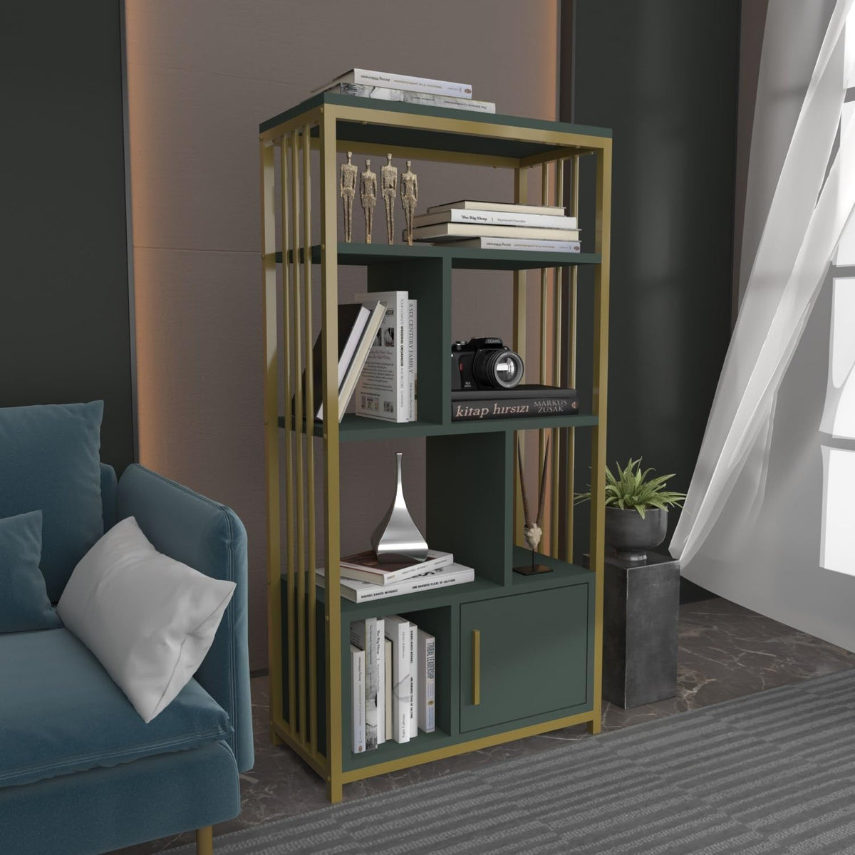 Hanah Home Elegant Green & Gold Bookshelf, 60 cm x 120 cm x 29,6 cm, 100% Melamine Coated Particle Board, 18 mm dik, stijlvolle opslag voor moderne ruimtes