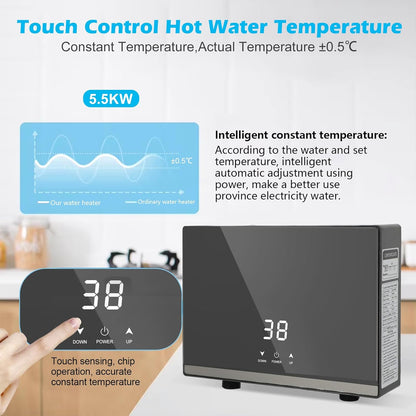 Ownant Mini-doorstroomboiler, elektrische doorstroomboiler, 5500 W, 220 V, mini-instant boiler, doorstroomboiler, tank voor badkamer, keuken (zwart, 5500 W met doucheset)