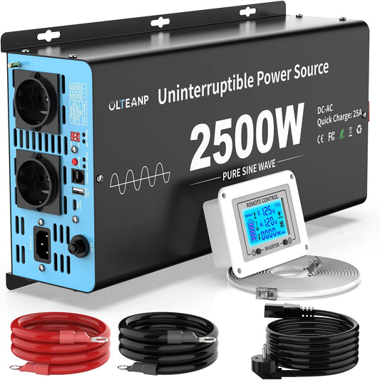 2500 W pure sine wave inverter with mains priority circuit and charging function and UPS function, voltage converter 12 V to 230 V, remote control with LCD display - QUORE