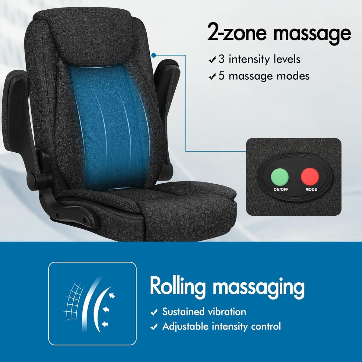 ALFORDSON Massage Bureaustoel, Ergonomische Computerstoel met Armleuning, Stoffen Bureaustoel, Draagvermogen 150 kg, Rugleuning 90-135°, In Hoogte Verstelbaar, Zwart
