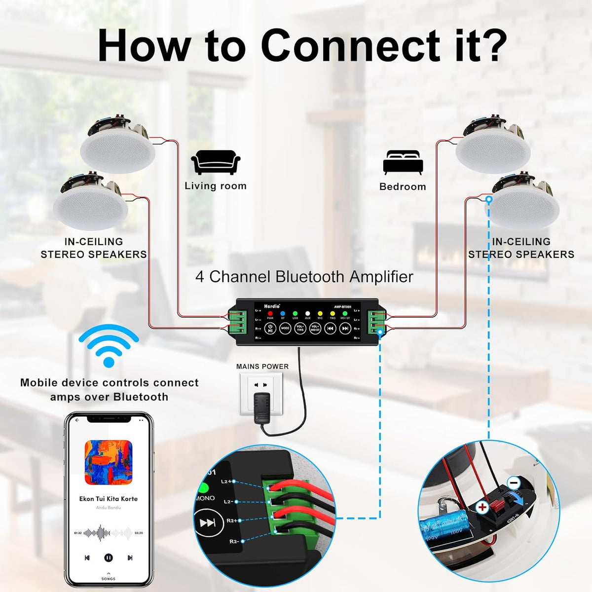 Plafondluidsprekers Set van 4 – Inbouw Speakers – Inbouw Luidsprekers – Plafond Speakers – Muur Speakers – Bluetooth 5.0 Met TWS-Koppeling – 6,5 Inch Woofer, 150 Watt Per Speaker