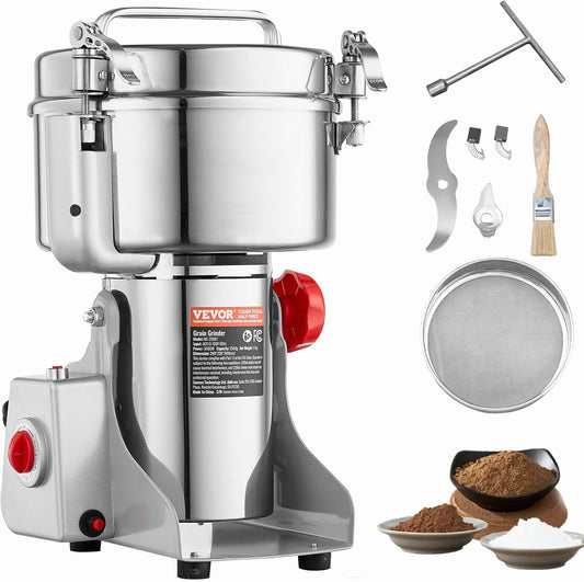 VEVOR 2500 g elektrische molen voor granen, commerciële kruidenmolen, 3400 W, roestvrij stalen poedermachine, voor droge granen, specerijen, koffie, maïs, peper, oscillerend type