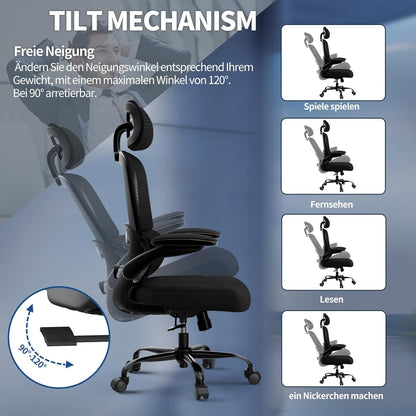 TRALT Bureaustoel, ergonomisch, bureaustoel met verstelbare lendensteun, hoofdsteun, gamingstoel, kantoorstoel, ergonomisch, 150 kg, voor grote mensen, zwart