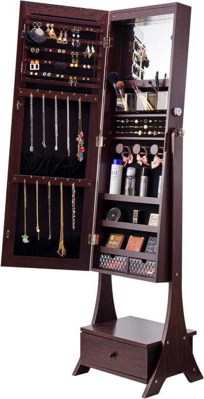 VEVOR Sieradenkast, 41 x 36 x 157 cm, met spiegel, sieradenspiegel-organizer met slot en full-body spiegel, fluwelen voering, ledlicht, lade voor sieraden, effecten, bruin