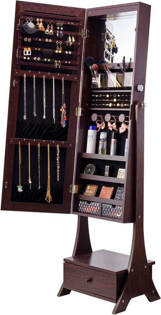 VEVOR Sieradenkast, 41 x 36 x 157 cm, met spiegel, sieradenspiegel-organizer met slot en full-body spiegel, fluwelen voering, ledlicht, lade voor sieraden, effecten, bruin
