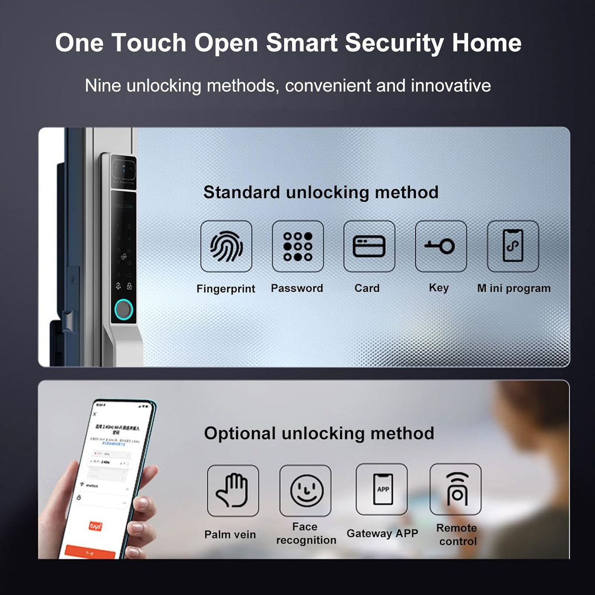 Smart Lock 2,4 GHz WiFi Keyless toegangsdeur slot greep aluminium biometrische deur Ty App voor 40-120 mm dikte kantoor thuis slaapkamerdeur (zwart)