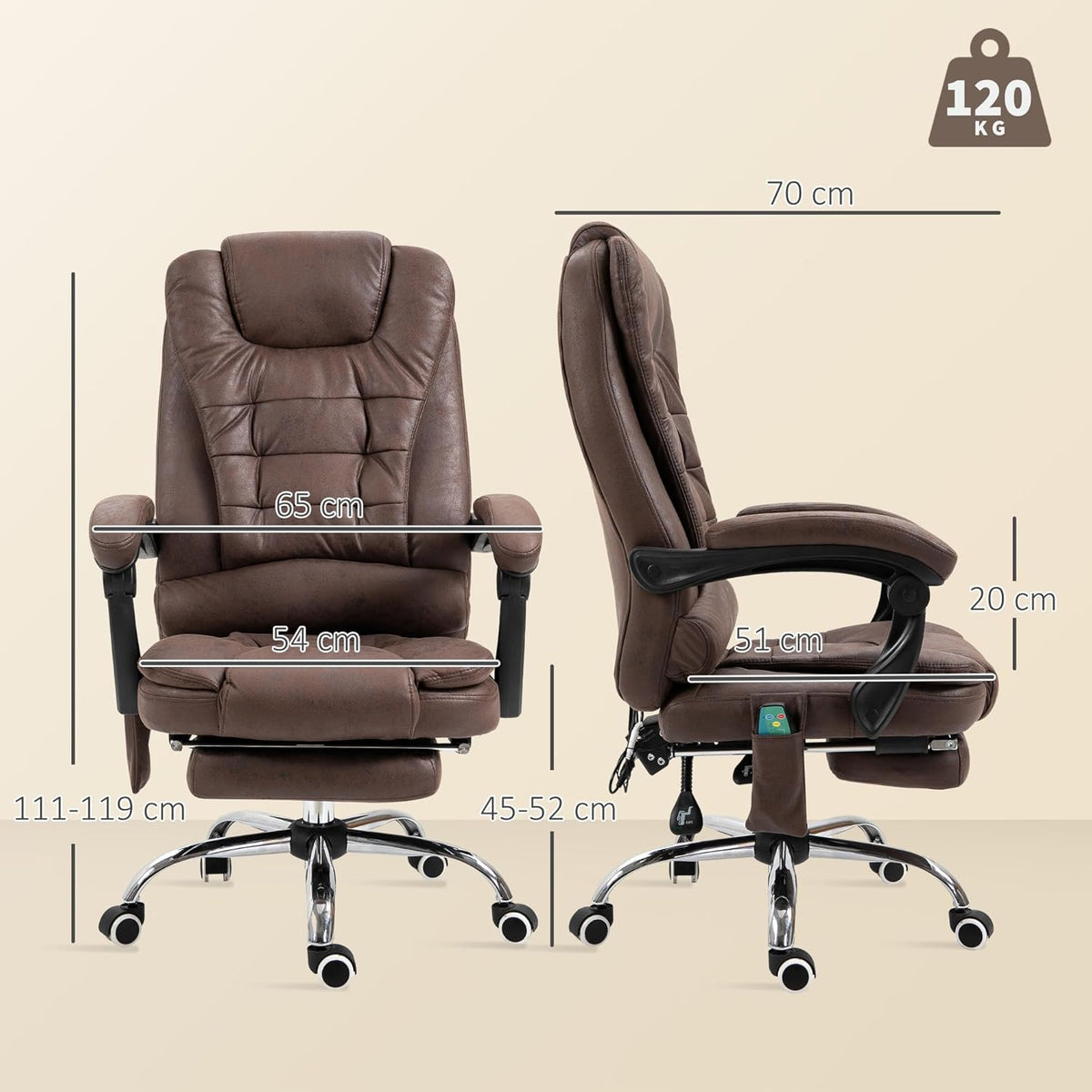 Vinsetto Bureaustoel, massage, verwarmd, bureaustoel, ergonomisch, in hoogte verstelbaar, rugleuning kantelbaar, microvezeldoek, bruin