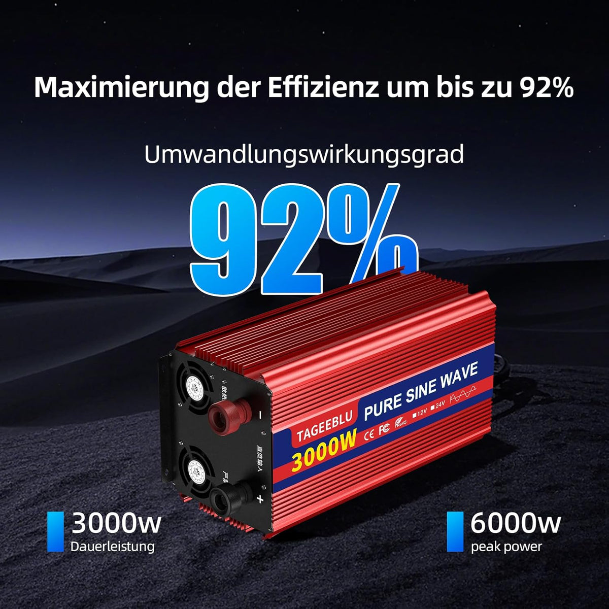3000W zuivere sinusomvormer DC 24V naar AC 230V spanningsomvormer, omvormer voor voertuigen met krokodillenklem, 2 AC stopcontacten en LCD scherm