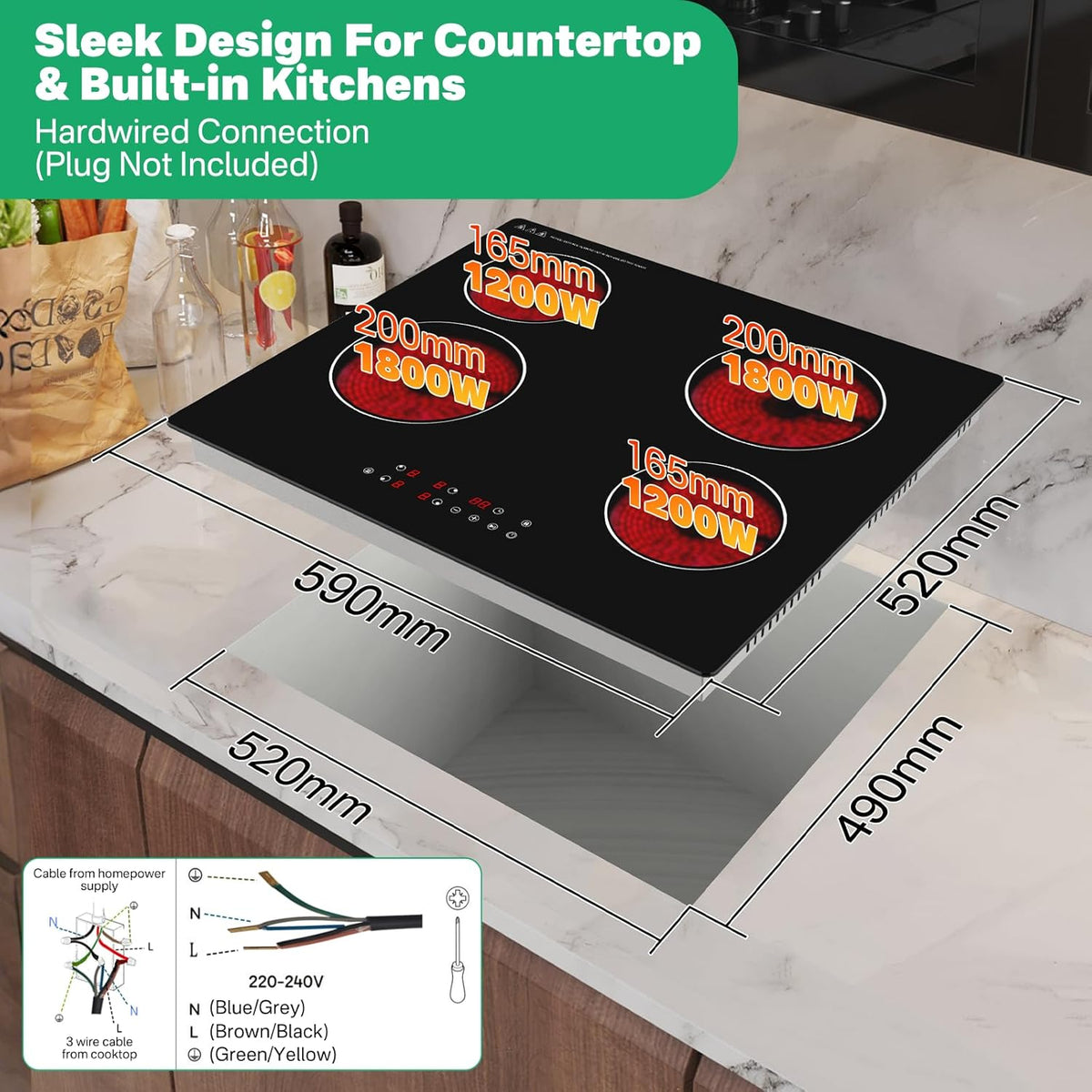 Keramische kookplaat met 4 branders, 60 cm, 6000 W, touch-bediening, verwarming met één zone, onderbouw