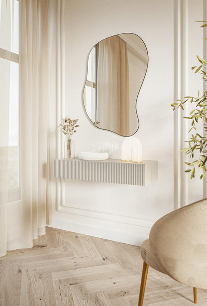 Selsey Zwevende Consoletafel 90 cm grijs taupe met lade en lamellenfront, moderne wandconsole met push-to-open, smalle sidetable hal slaapkamer woonkamer, console table met opbergruimte