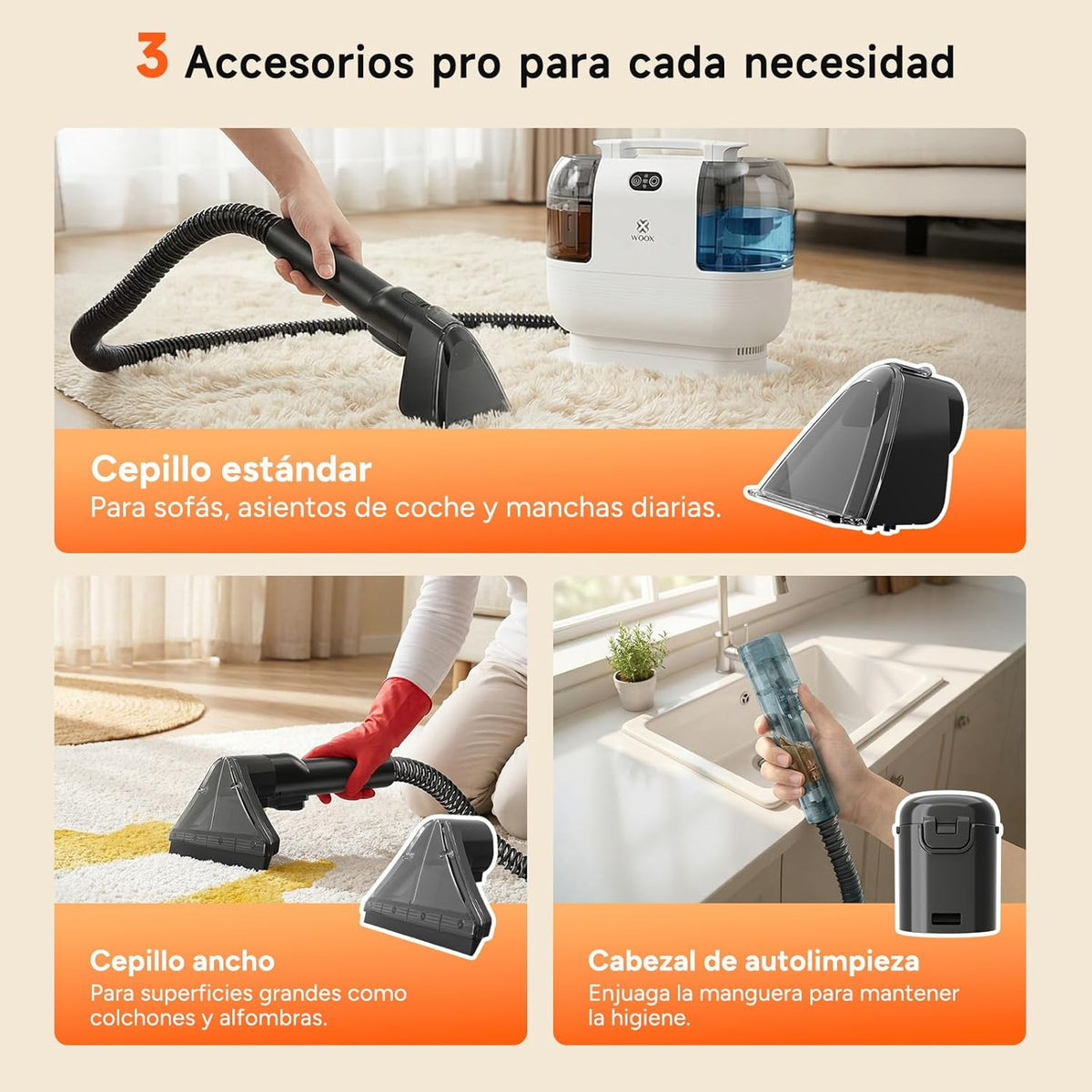 Woox Aspiradora de Agua Tapiceria portátil con vapor caliente, Máquina limpiadora de alfombras 15Kpa de alta succión con accesorios exclusivos Limpiador a vapor 2 en 1 para tapicerías, coches