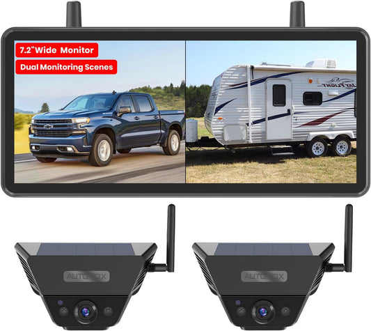 Draadloze achteruitrijcamera op zonne-energie, voor campers en aanhangwagens, zonder installatie, 7,2 inch HD 1080P-monitor, dubbel camerasysteem, sterke magnetische krasbestendige achteruitrijcamera