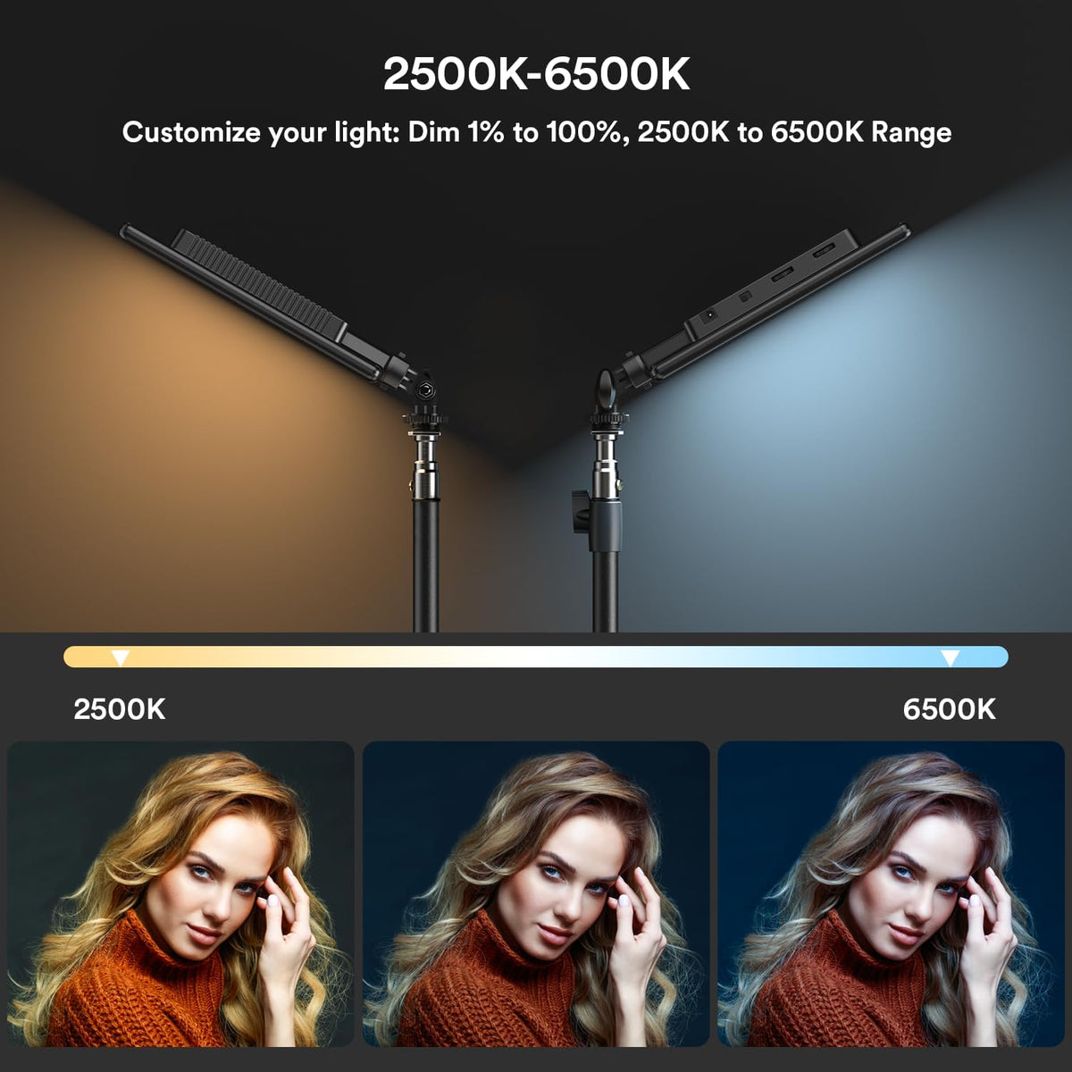 Led-Videolamp – Videolamp, Videolicht, Studiolamp, Fotolamp – Set van 2 met statieven en telefoonhouder – Dimbaar van 0 tot 100% – 3200 tot 5600 K, 8000 mAh batterij