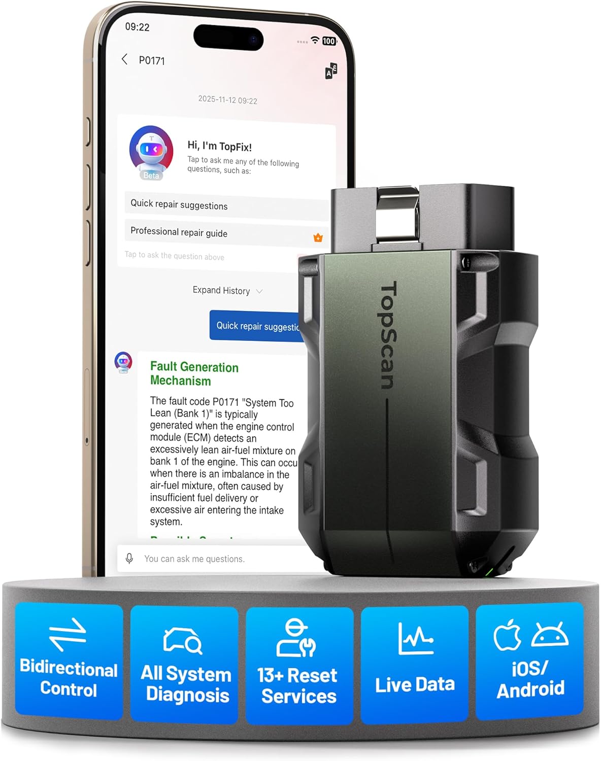 OBD2 Scanner – Auto Diagnose Tool – Foutcode Lezer – Vehicle Scanner – Bluetooth Scanner – Bidirectionele Communicatie – AI-Assistent met 13+ Servicefuncties