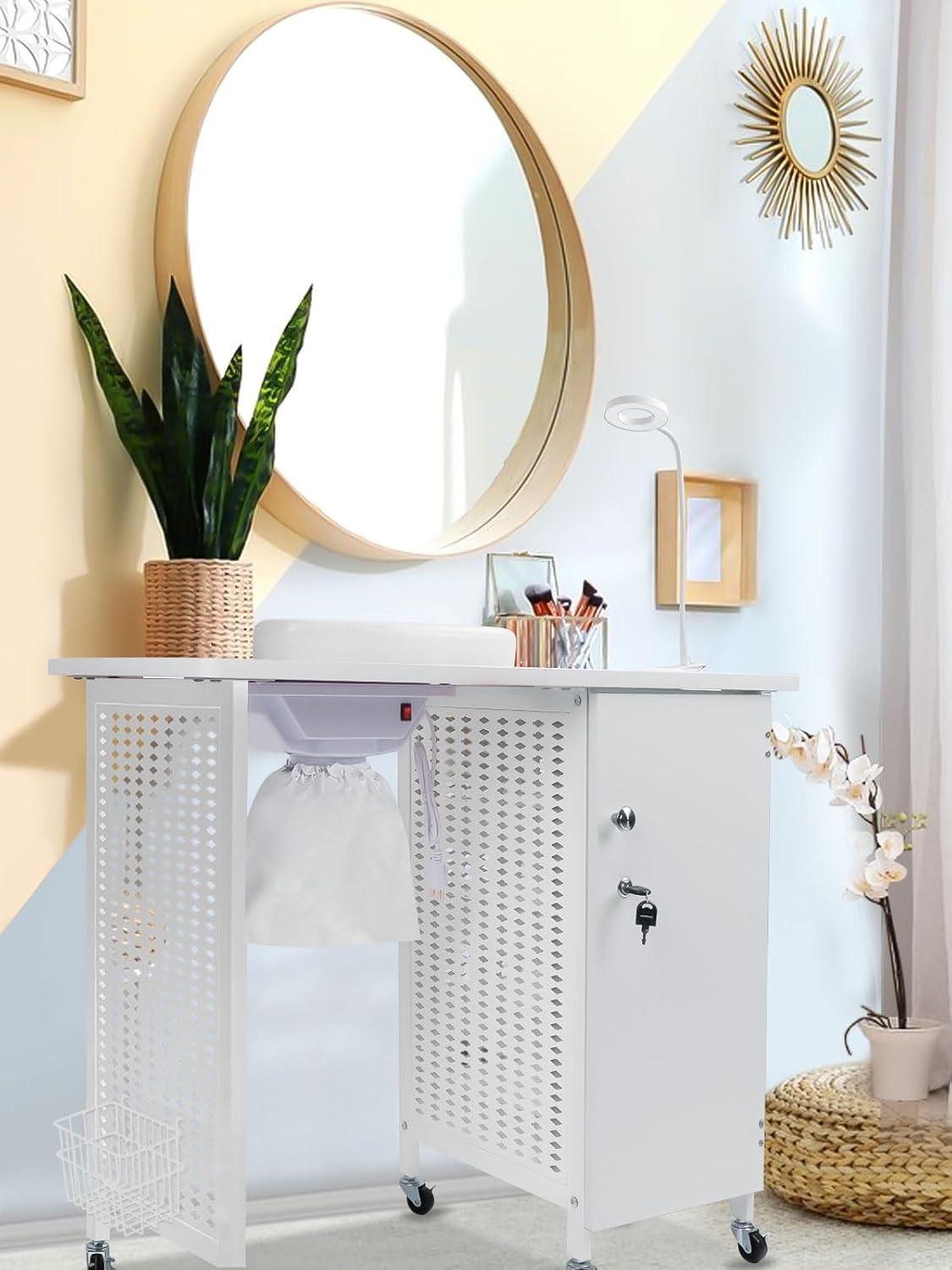Mobiele Manicure Nageltafel – Manicuretafel, Nagelbureau, Nagelstation, Nagelmeubel – Wit – 6 Zwenkwielen, Vergrendelbaar – 4 Laden, Stofafzuiging En Polssteun