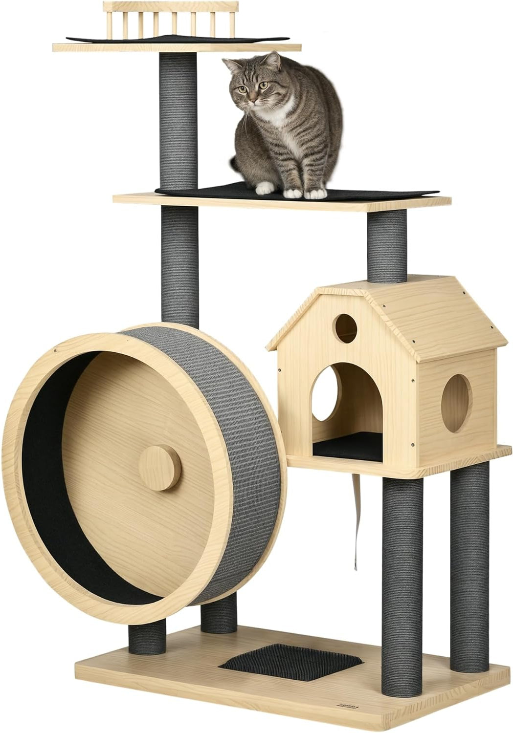 PawHut cat tree with running wheel, 4 storey scratching tree, cat house with sisal posts, cat cave, solid wood, 80 x 40 x 148 cm - QUORE