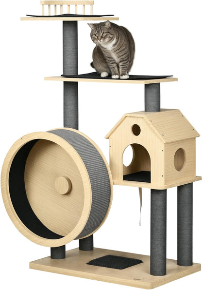 PawHut cat tree with running wheel, 4 storey scratching tree, cat house with sisal posts, cat cave, solid wood, 80 x 40 x 148 cm - QUORE