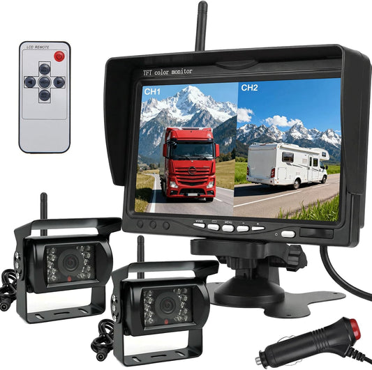 Digitaal draadloos achteruitrijcamerasysteem, 7 inch AHD Split Screen Monitor met IP69 waterdichte achteruitrijcamera IR nachtzicht dubbele achteruitrijcamera voor vrachtwagen/aanhangwagen/camper