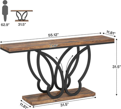 Tribesigns Farmhouse Console Table, 140cm Entrance Table with Butterfly Metal Frame, Long Narrow Wooden Bench Table Behind Sofa for Living Room Hallway Entrance, Brown and Black