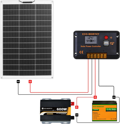 ECO-WORTHY Flexible solar panel 130 W 12 V complete set: solar panel + 50 Ah lithium battery + 600 W 12 V sine wave inverter + PWM regulator 30 A - QUORE