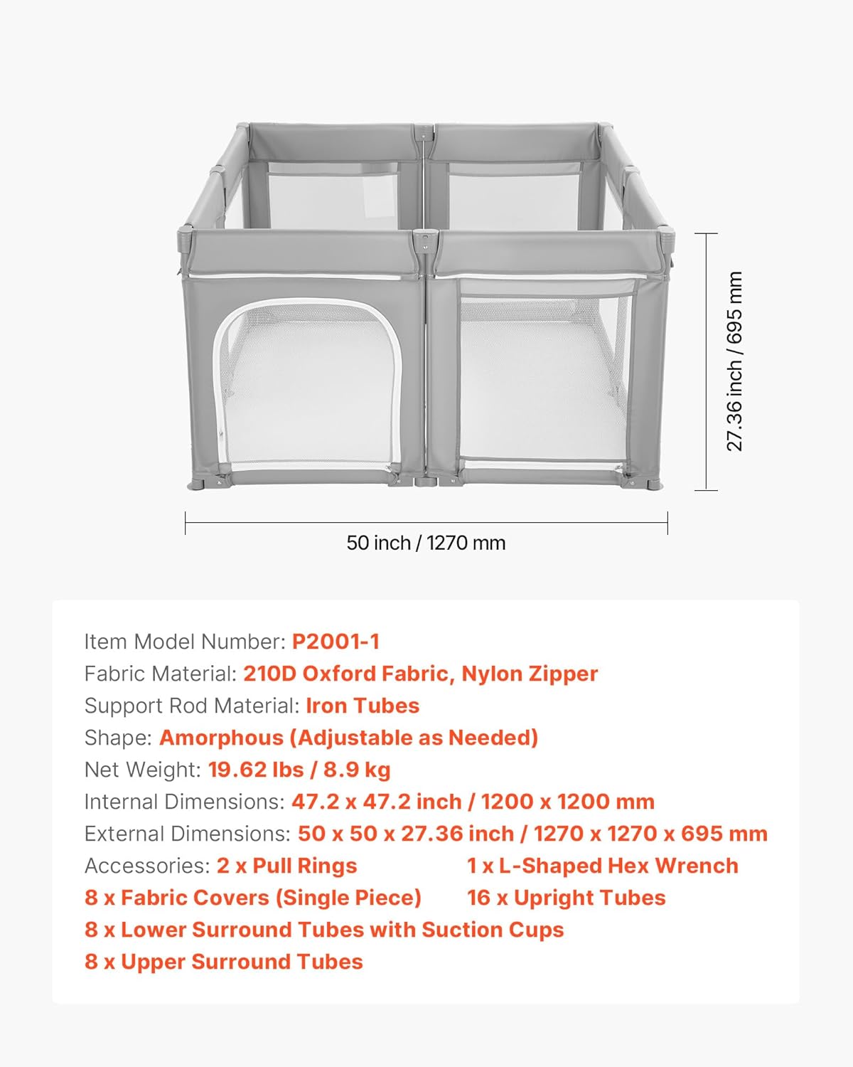 Speelhekje – Babyren – Kinderbox – Speelbox – Babyhek – Modular – Opvouwbaar – 120x120 CM – Ademend Net – Ritsdeur
