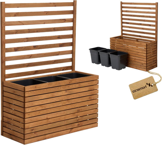 Planter with Trellis Trellis with Planter, Wooden Flower Box for Garden, Balcony, Patio, Raised Bed with 18L Plastic Plant Insert (Horizontal-Brown, 98x36x55cm H130cm) - QUORE