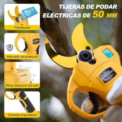 Elektrische tuinschaar, 21 V, 800 W, 2 oplaadbare lithiumbatterijen, 2000 mAh, opladen 2 uur, gebruiksduur 4 uur, maximale snijdiameter 30 mm, voor het snoeien van takken