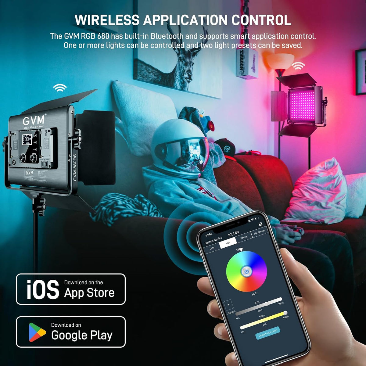 RGB LED-videolamp set van 2 met statieven – LED videolicht – Studiolamp – Fotolamp – Continu licht – 60 W per lamp – Bluetooth app-bediening