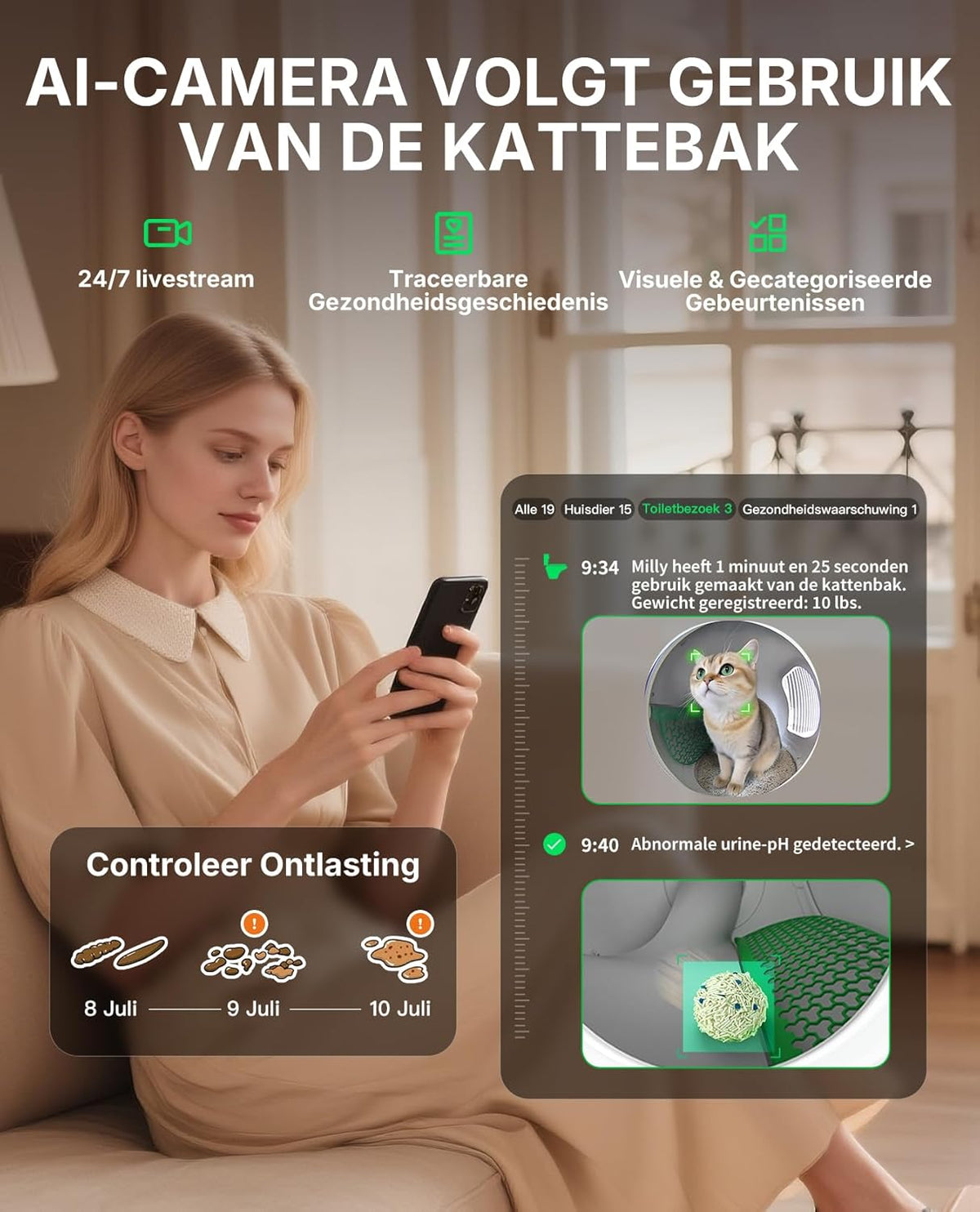 Kattenbak – Kattentoilet – Zelfreinigende Kattenbak – Automatische Kattenbak – Extra Ruime Ingang – AI Camera Met Gezondheidsmonitoring - QUORE